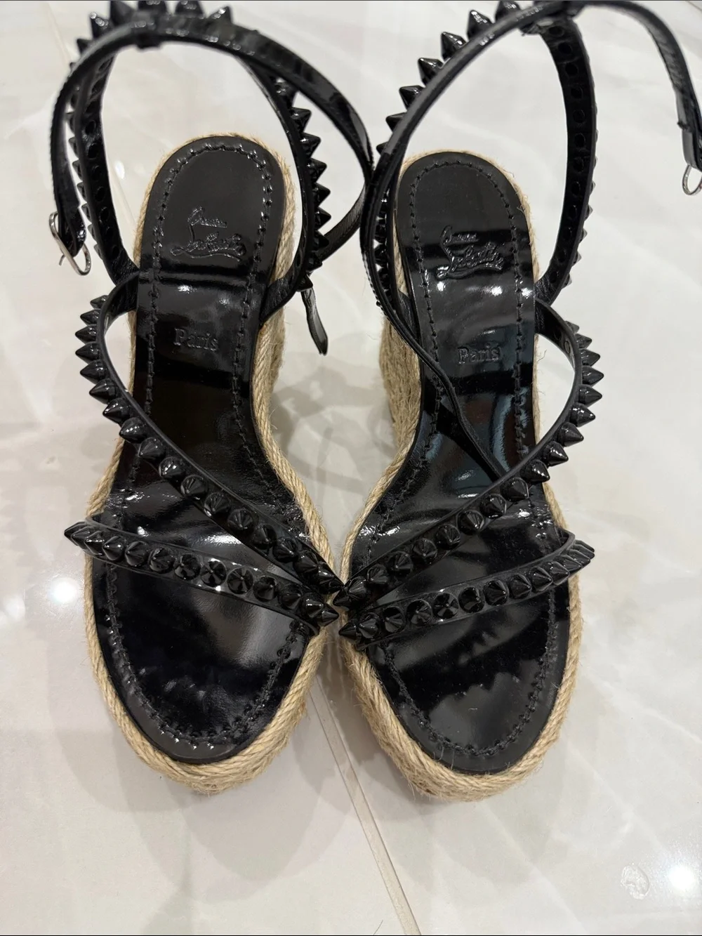 Christian Louboutin Black Patent Studded Espadrille Wedge Sandals